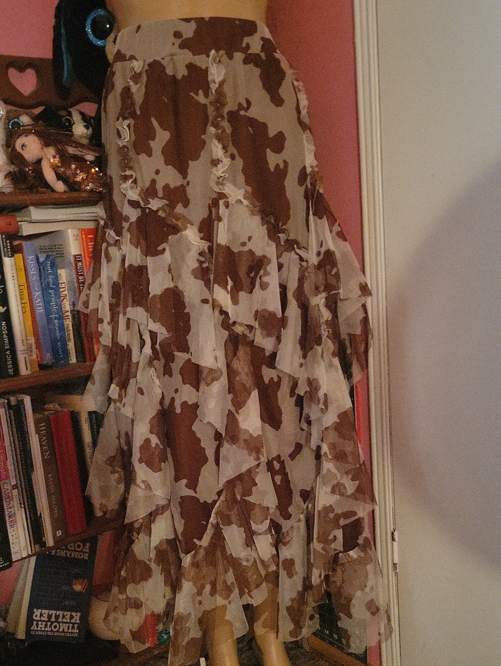 Cato Brown and Cream Tiered Ruffle Cow Print Maxi Skirt